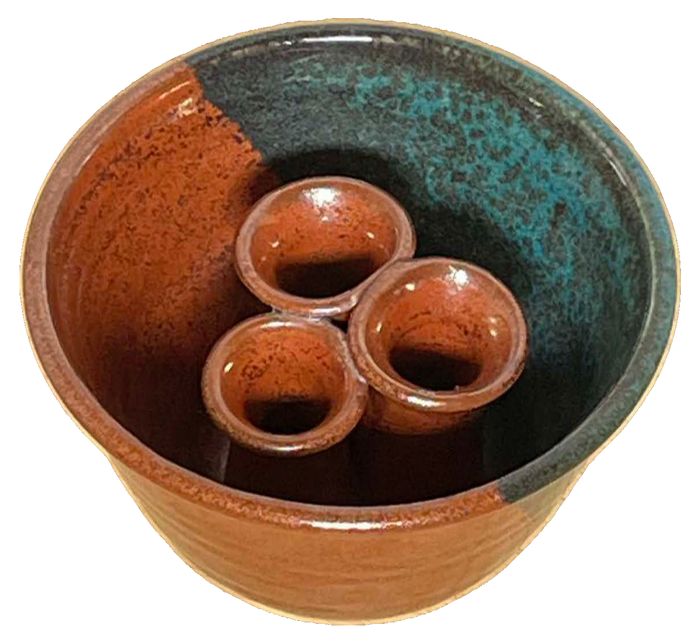 Hand-Thrown Stamped Studio Pottery Ikebana Vase with Three Conical Openings