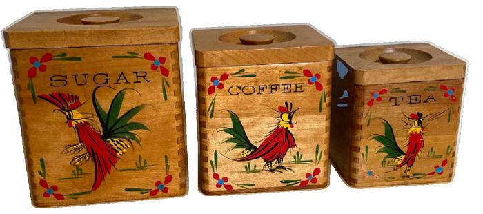 MCM Vintage Rooster Wooden Kitchen Canisters (Coffee, Tea, & Sugar)