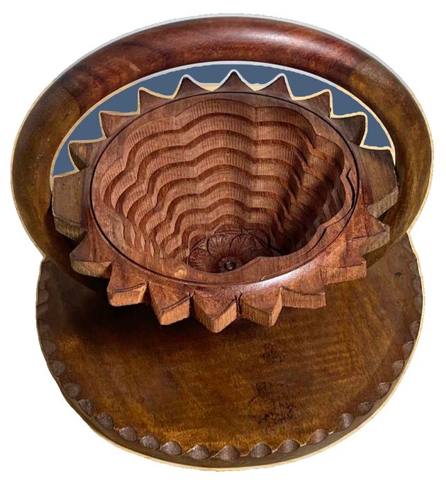 Collapsable Afghani Carved Wooden Basket with Sunburst Rim and Handle