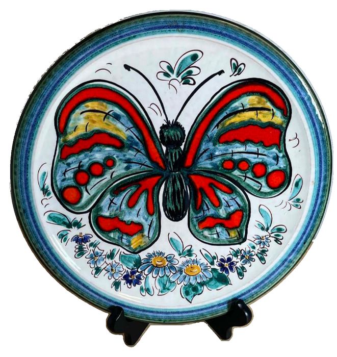 German Hand-Painted Handmade Decorative Ceramic Plate with Butterfly and Flowers Motif