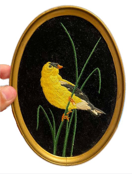 Oval Framed Embroidered Yellow Bird on Black Velvet Fabric