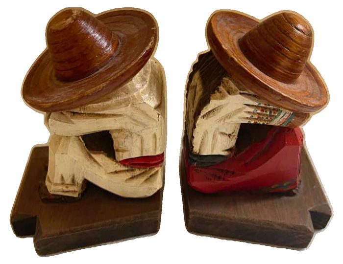 Hand-Carved Mexican Wooden Siesta-Man & Woman Bookends