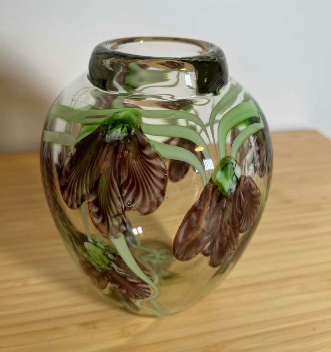 Heavy Art Glass Vase with Applied Maroon Floral and Green Floral Design