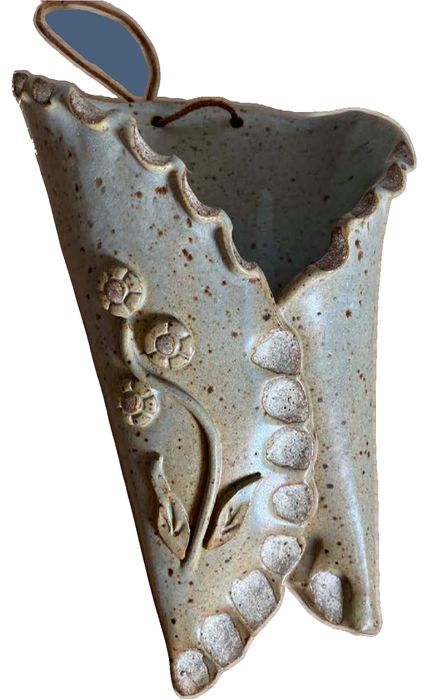 Large Handmade Speckled Ceramic Hanging Wall Pocket Vase with Floral Motif-Quebec Pottery