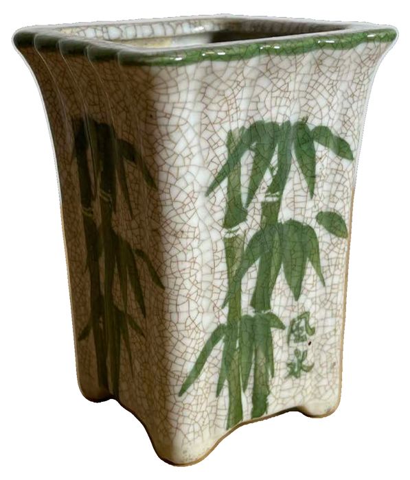 Vintage Crackle-Glazed Ceramic Planter with Green Bamboo Design