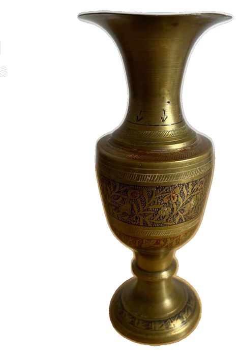 Vintage Indian Hand-Etched Brass Vase with Floral Motifs & Colored Enamel Accents