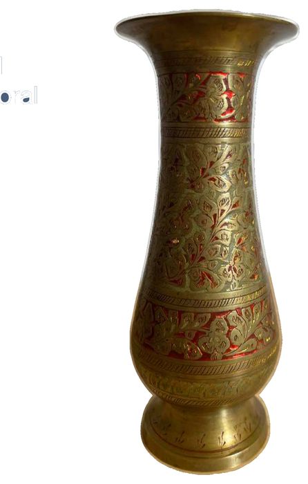 Vintage Indian Hand-Etched Pedestal Brass Vase with Floral Motifs & Red Enamel Infill