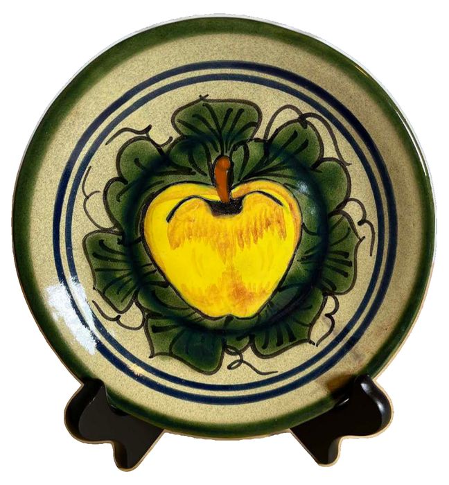 Hand-Painted Mexican Talavera Ceramic Plate with Apple & Leaf Motifs