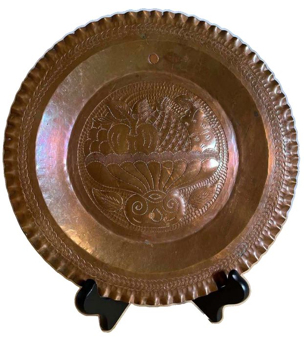 Vintage Hand-Carved or Embossed Round Copper Decorative Wall-Plate