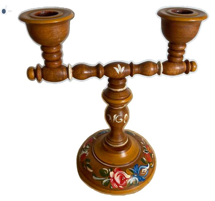 Vintage Scandinavian Turned-Wood Double Candelabra MCM Folk Art Design