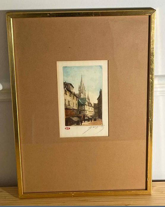 Original Early 20th-Century Hand-Colored Etching “Quimper: La Rue Kereon” by French Engraver Eugene Gauguet