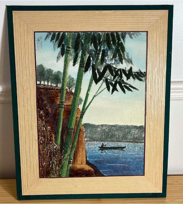 Signed Textured 1993 Landscape Painting Featuring Bamboo