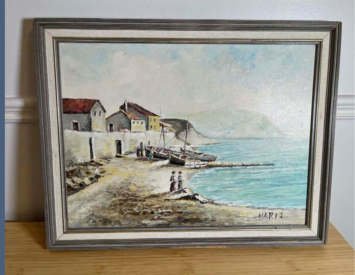 Vintage Mid-20th-Century Oil Painting of a Coastal Town Signed by Haris