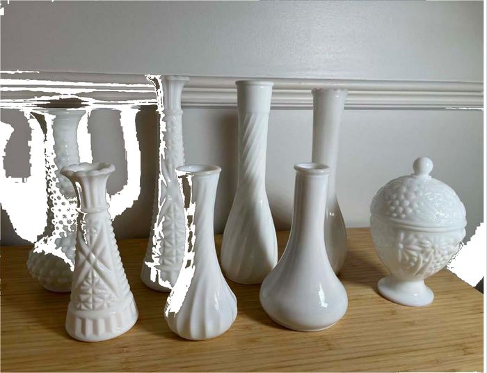 Collection of Vintage Milk Glass Vases & Lidded Jar