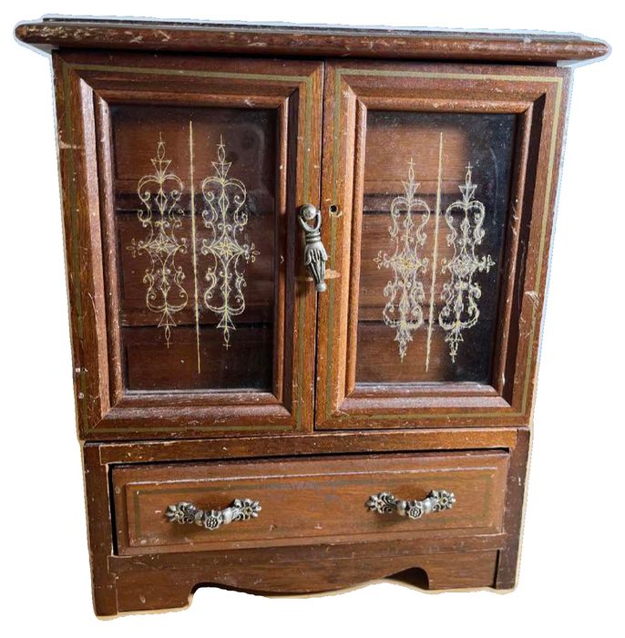 Vintage Tabletop Jewelry Armoire with three drawers & one on the bottom