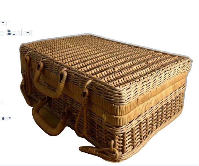 1950s Style Handwoven Wicker Valise or Picnic Basket