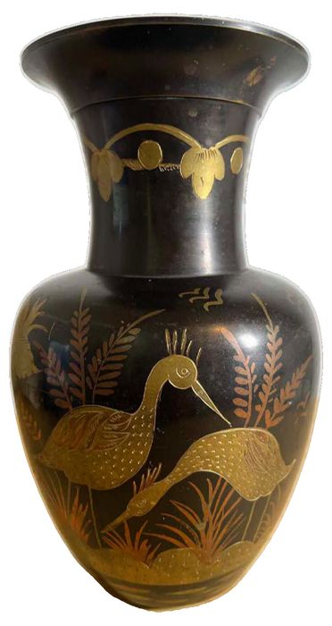 Vintage Indian Brass black & gold etched vase