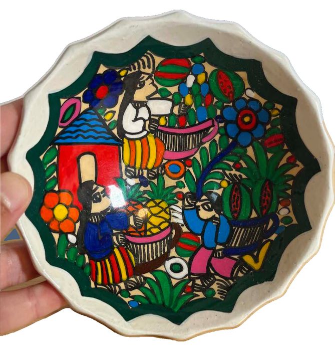 Vintage hand-painted Mexican folk art terracotta village scene bowl with three feet