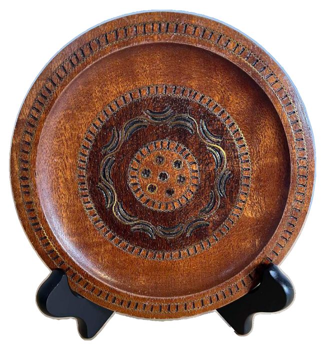 Vintage hand-carved and pyrography decorated Polish folk art wooden plate